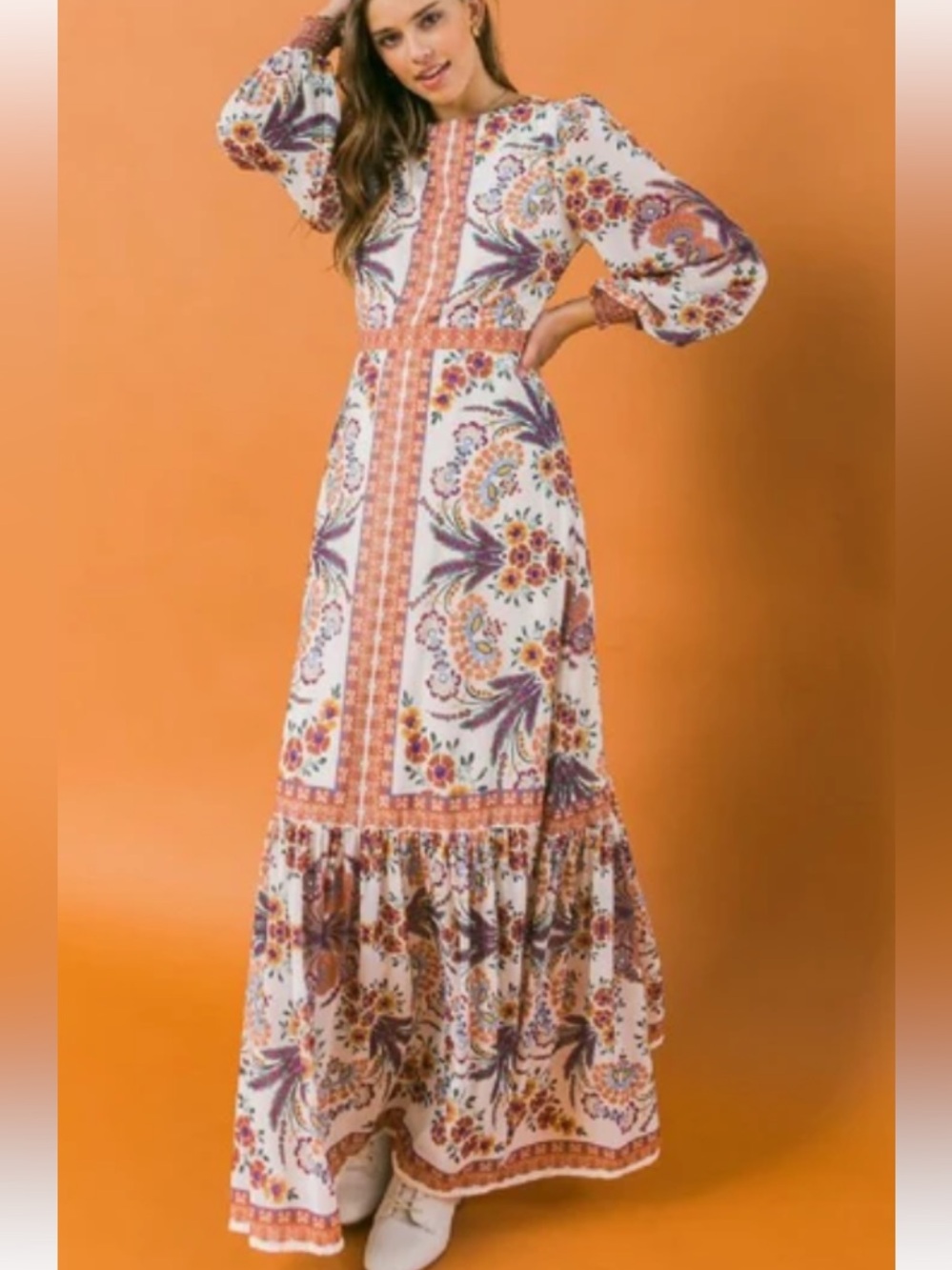 bohme Cream Maxi Dress with Rust and Purple Floral Print